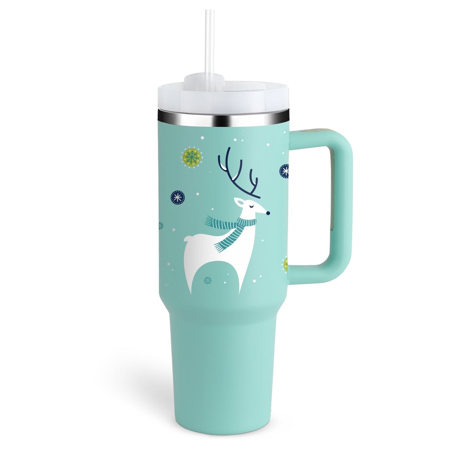 Türkiser Thermobecher mit Rentiermotiv, Strohhalm, Edelstahl, isoliert, 1 Liter, Winterdesign.