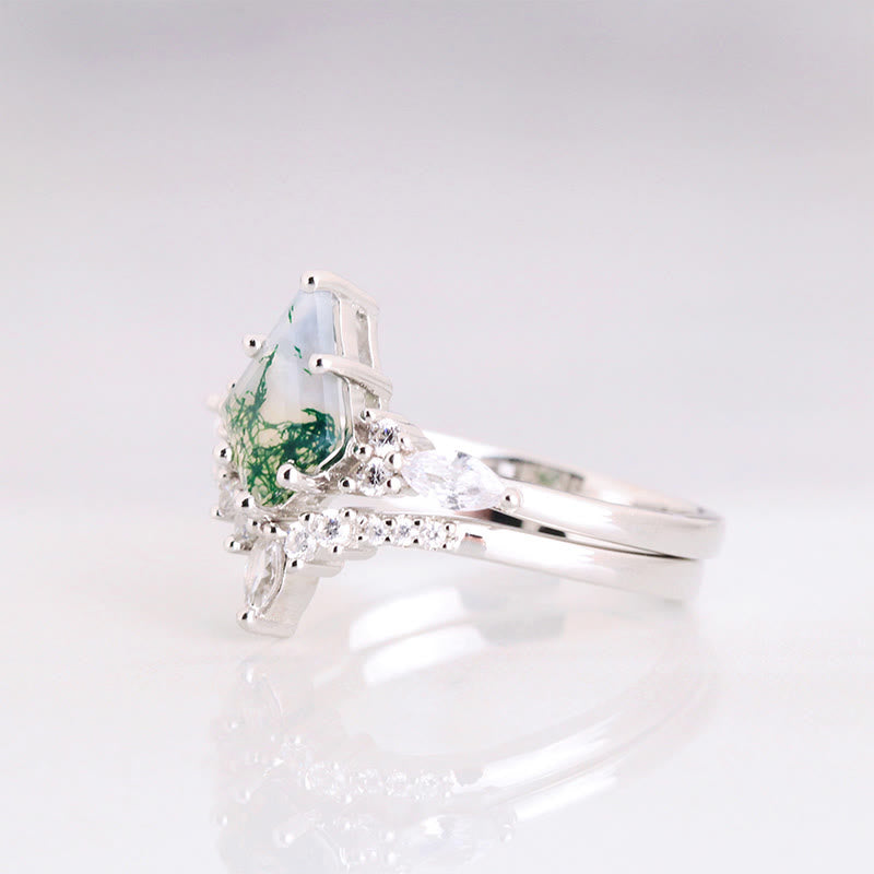 Silberring mit Moosachat und Zirkonia, elegantes Design, Damen-Schmuck, Verlobungsring.