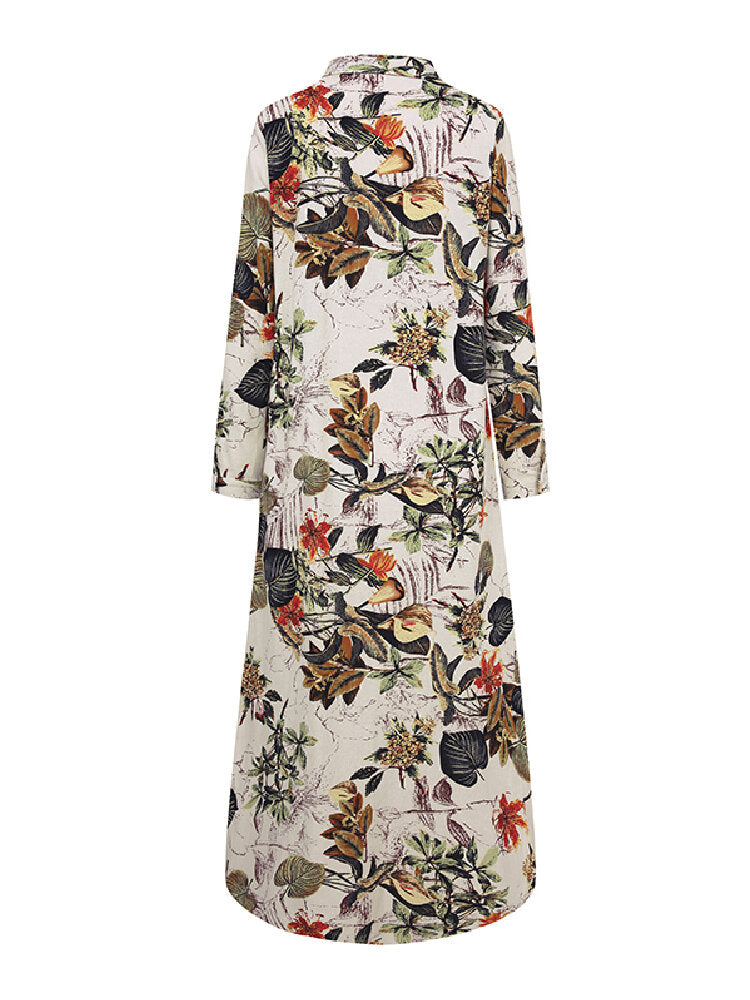 Langes Damenkleid mit floralem Muster, Herbstfarben, Baumwolle, elegantes Design.