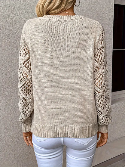 Damen Strickpullover beige, Lochmuster Ärmel, lässig, modisch, Baumwolle, Herbstmode.
