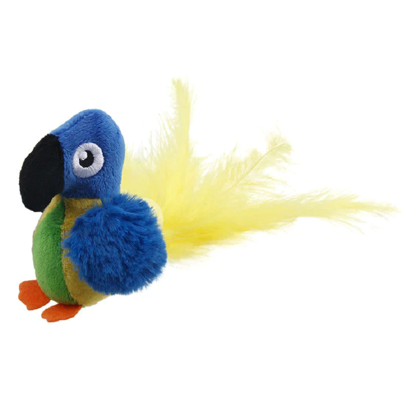 Blauer Plüschpapagei mit gelbem Feder-Schwanz, Spielzeug für Kinder, weiches Material.