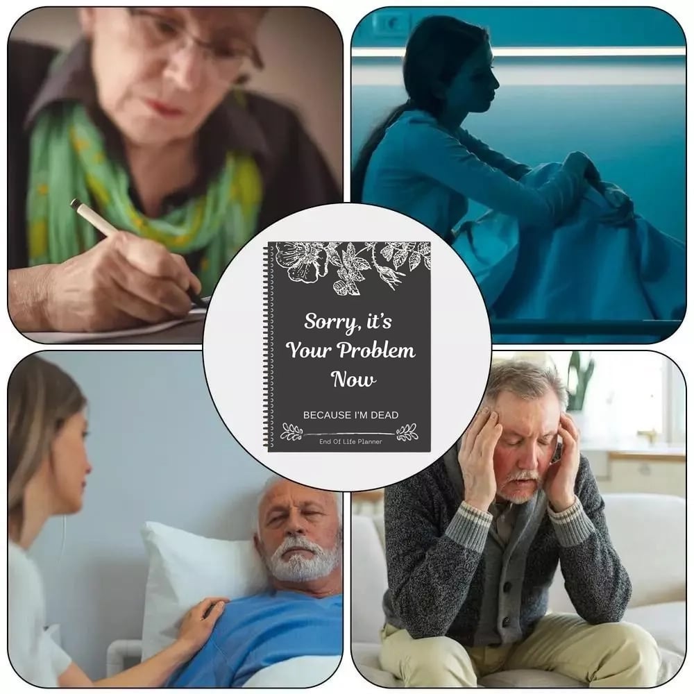 Collage med planerarens omslag i mitten, omgivet av fyra bilder på äldre personer som skriver, sitter fundersamma eller vårdas i sängen. 3