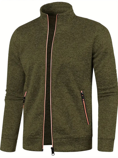 Olivgrüne Herrenjacke mit Reißverschluss, Stehkragen, Taschen, Freizeitmode, Baumwollmischung.