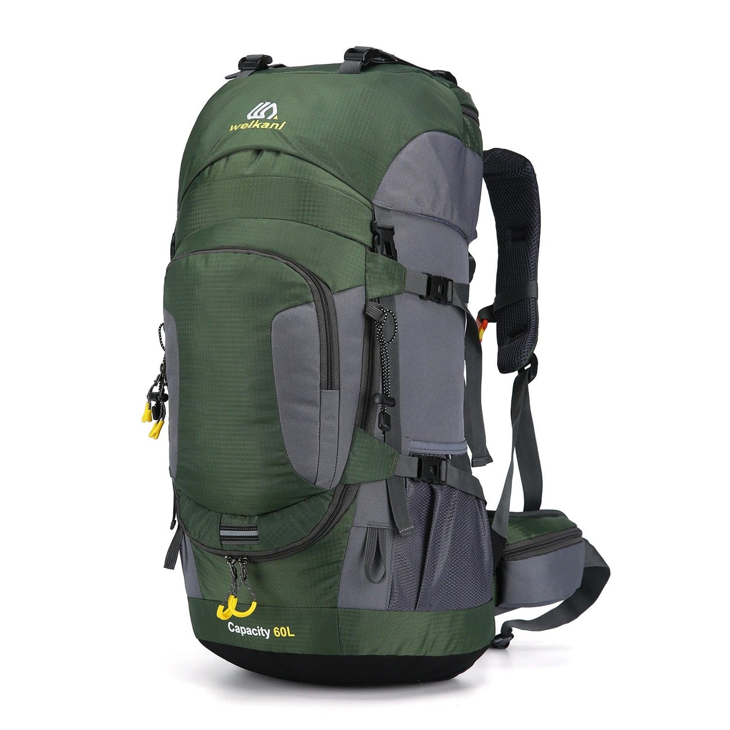 Grüner 60L Wanderrucksack, wasserdicht, mit mehreren Taschen und verstellbaren Gurten.