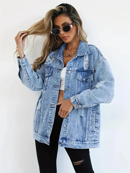 Vattentålig & Fodrad Oversized Dam Jeansjacka med Huva – Höstunderverk Talia