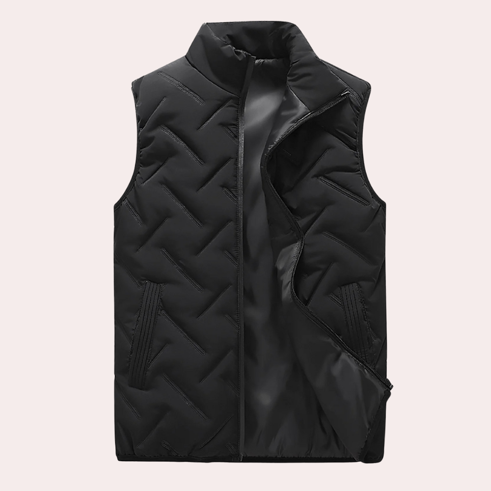 Schwarze Steppweste, ärmellos, Reißverschluss, Outdoor-Bekleidung, Herrenmode, Winterweste.
