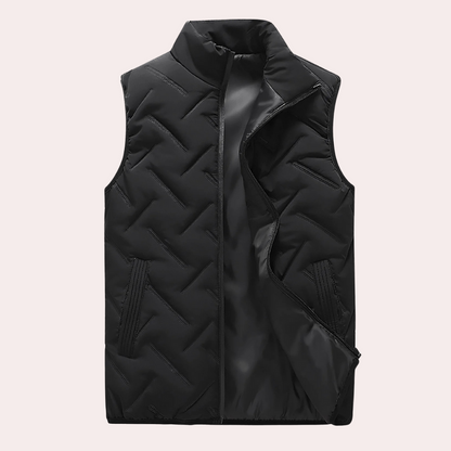 Schwarze Steppweste, ärmellos, Reißverschluss, Outdoor-Bekleidung, Herrenmode, Winterweste.