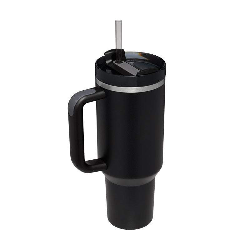 Schwarzer Thermobecher mit Henkel und Strohhalm, Edelstahl, isoliert, 1 Liter, für unterwegs.