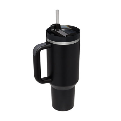 Schwarzer Thermobecher mit Henkel und Strohhalm, Edelstahl, isoliert, 1 Liter, für unterwegs.