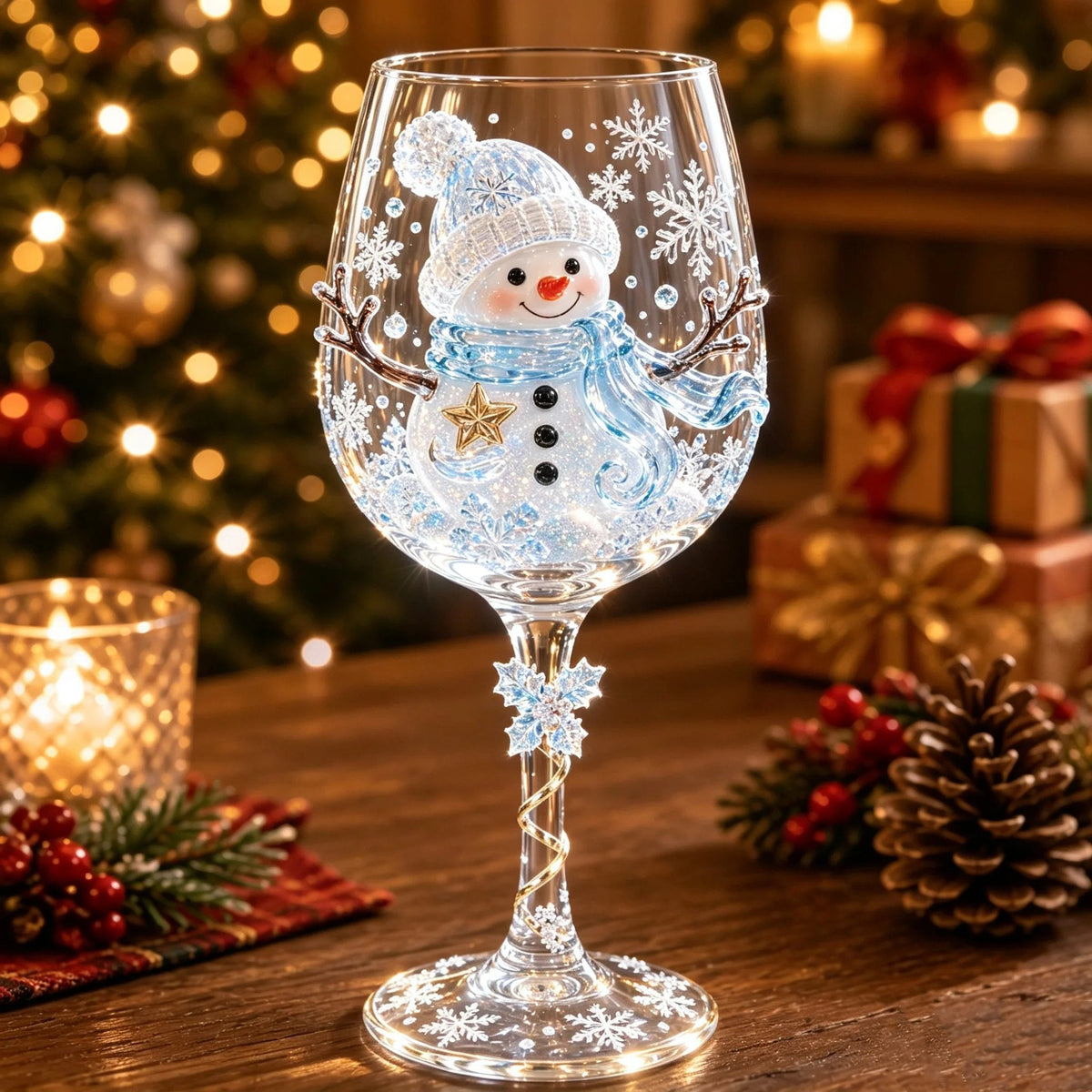 Glas med reliefmotiv av en leende snögubbe med stickad mössa och blå halsduk, snöflingor på kupan 2
