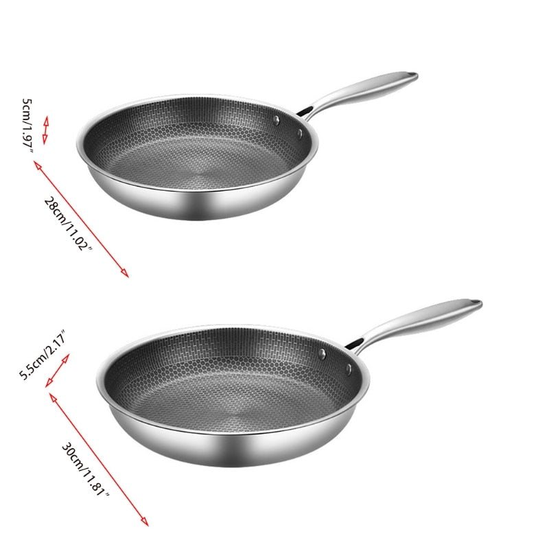 Zwei Edelstahl-Bratpfannen mit Antihaftbeschichtung, Durchmesser 28cm und 30cm, silber.