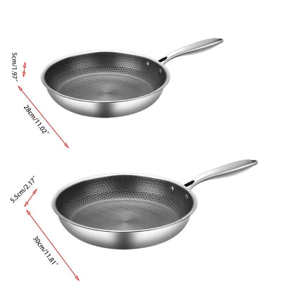 Zwei Edelstahl-Bratpfannen mit Antihaftbeschichtung, Durchmesser 28cm und 30cm, silber.