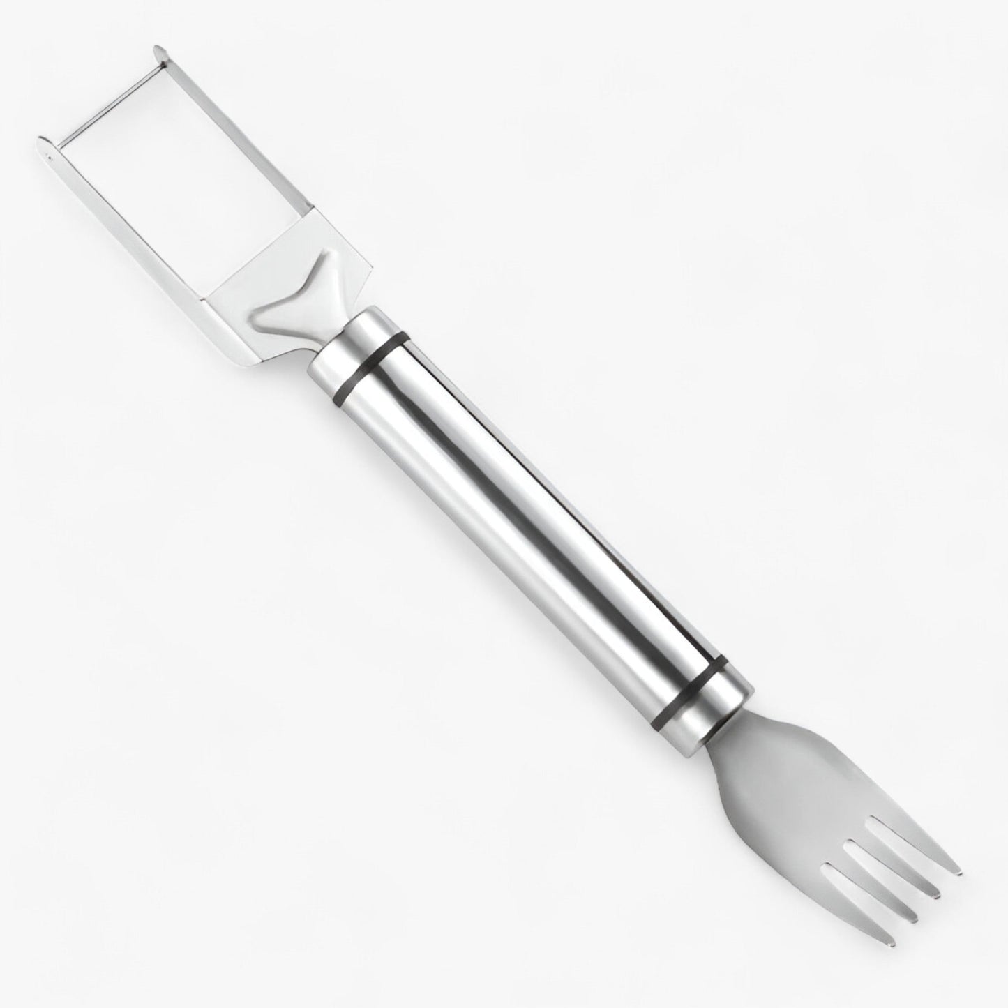 Edelstahl-Gemüseschäler mit ergonomischem Griff, silber, ideal für Küchenarbeiten.