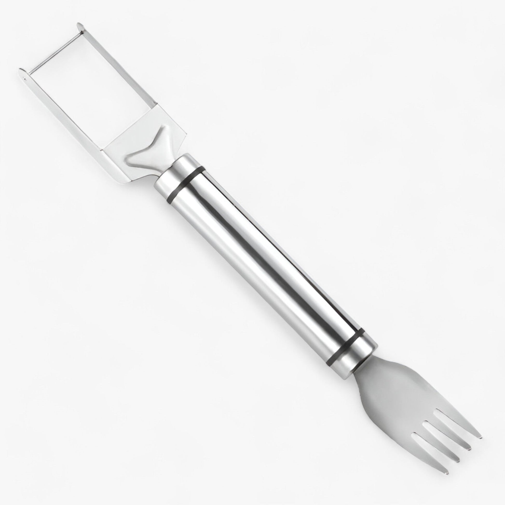 Edelstahl-Gemüseschäler mit ergonomischem Griff, silber, ideal für Küchenarbeiten.