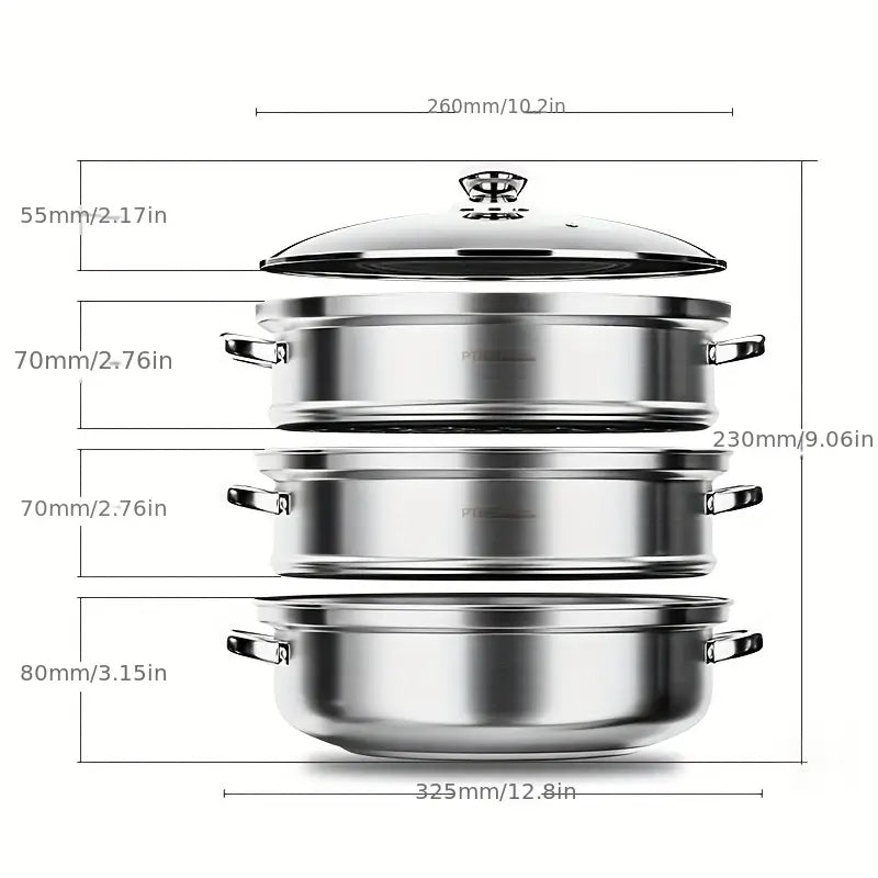 Edelstahl-Kochtopfset mit Deckel, stapelbar, Maße in Zoll, ideal für die Küche.