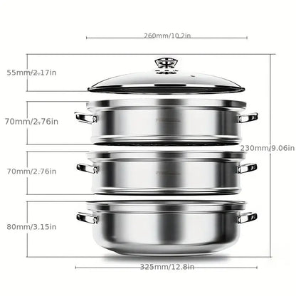 Edelstahl-Kochtopfset mit Deckel, stapelbar, Maße in Zoll, ideal für die Küche.