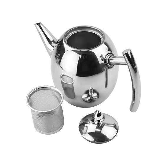 Silberne Edelstahl-Teekanne mit Sieb und Deckel, modernes Design, glänzend, küchenzubehör.