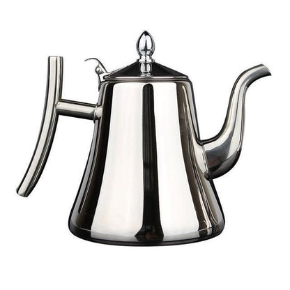 Silberne Edelstahl-Teekanne mit langem Ausguss, modernes Design, glänzende Oberfläche.