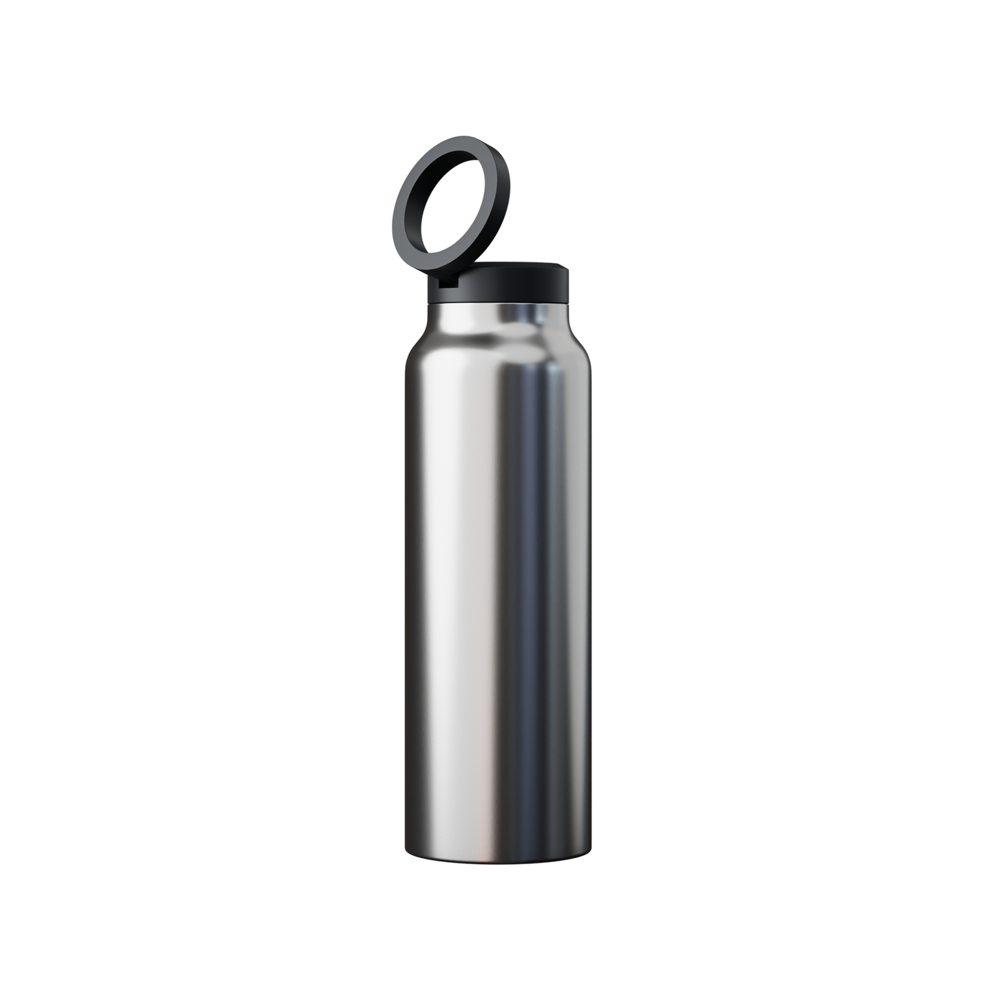 Silberne Edelstahl-Wasserflasche mit schwarzem Deckel und Tragegriff, isoliert auf schwarzem Hintergrund.