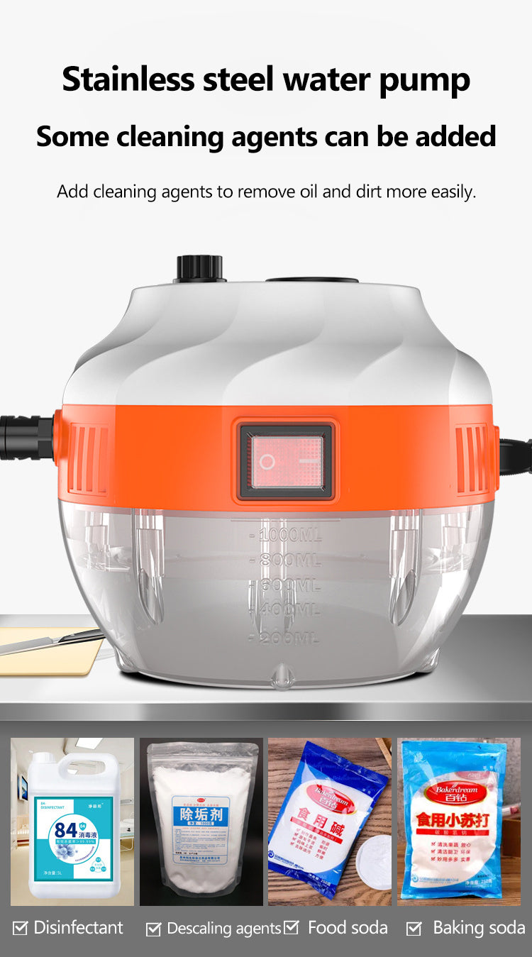 Edelstahl-Wasserpumpe mit Reinigungsmittel, orange-weiß, für Öl- und Schmutzentfernung.