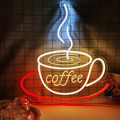 Leuchtendes LED-Neonschild Kaffeetasse, gelb-rot, dekorativ, Wanddekoration, Café-Dekor.