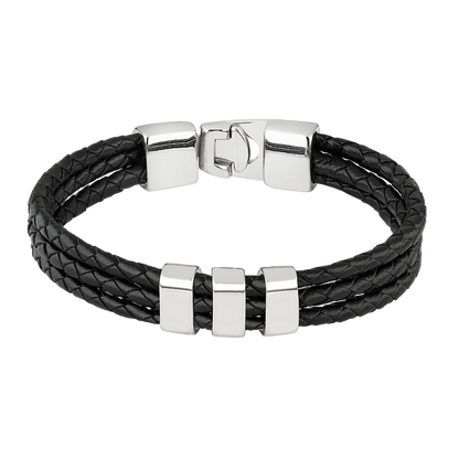 Schwarzes Lederarmband mit silbernem Verschluss, geflochten, Herrenmode, elegant, Accessoire.