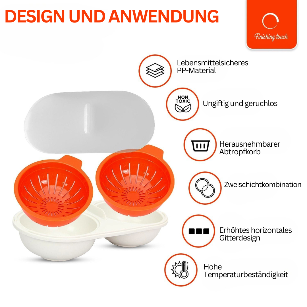 Zwei orange-weiße Eierkocher aus lebensmittelechtem PP-Material, ungiftig und geruchlos.