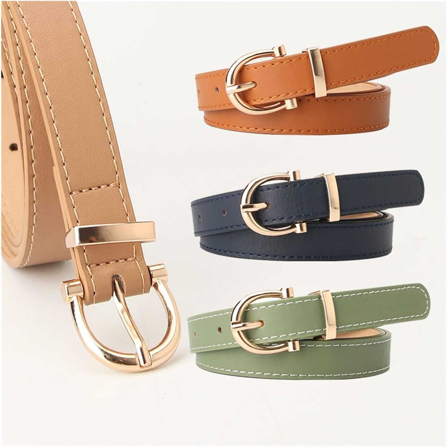Damen Ledergürtel mit einfacher Metallschnalle in Beige, Blau, Grün und Braun.