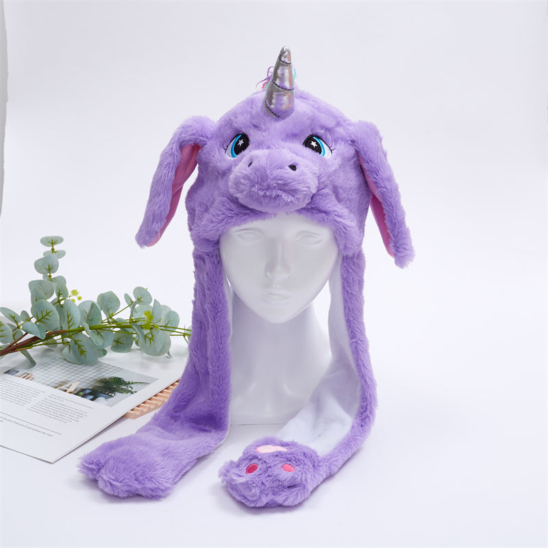 Lila Einhorn Plüschmütze mit Ohren, Kinder Wintermütze, weiches Material, niedliches Design.