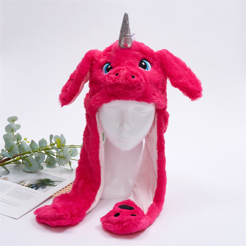 Rosa Plüsch-Einhorn-Mütze mit silbernem Horn, Kinder Winteraccessoire, lustiges Design.