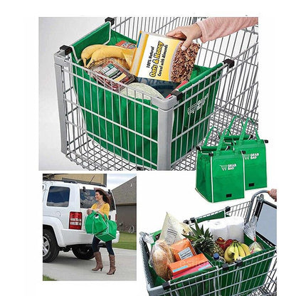 Grüne wiederverwendbare Einkaufstasche im Einkaufswagen, faltbar, waschbar, Supermarkt.