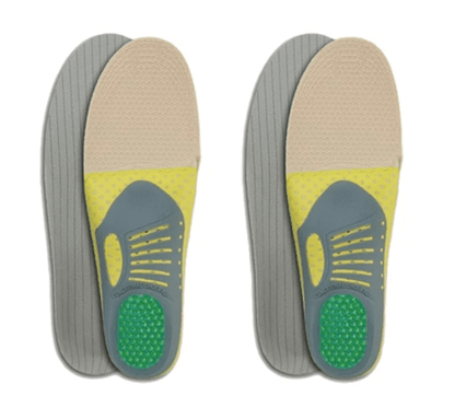 Gel-Einlegesohlen, grau-gelb, ergonomisch, stoßdämpfend, für Sportschuhe, Komfortsteigerung.