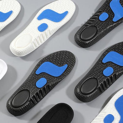 Schuheinlagen schwarz weiß blau, ergonomisch, stoßdämpfend, für Komfort und Unterstützung.