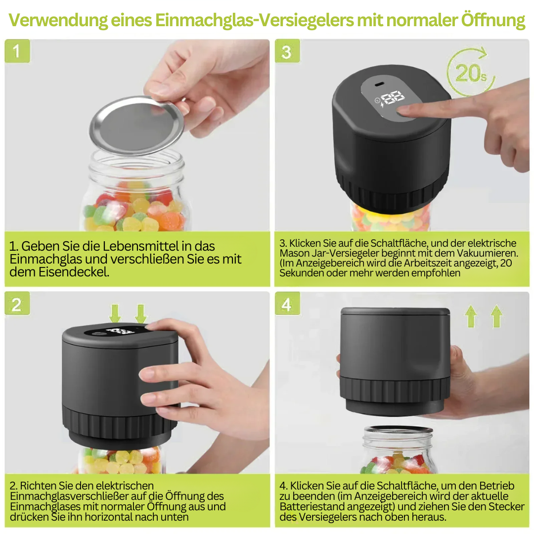 Elektrischer Einmachglas-Versiegeler, schwarz, für normale Öffnungen, Schritt-für-Schritt-Anleitung.