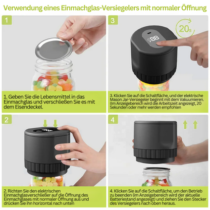 Elektrischer Einmachglas-Versiegeler, schwarz, für normale Öffnungen, Schritt-für-Schritt-Anleitung.