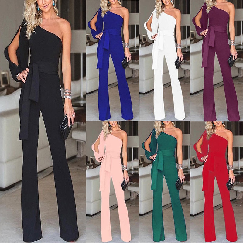 Damen Ein-Schulter Jumpsuit, elegant, in Schwarz, Blau, Weiß, Rot, Rosa, Grün, Lila.