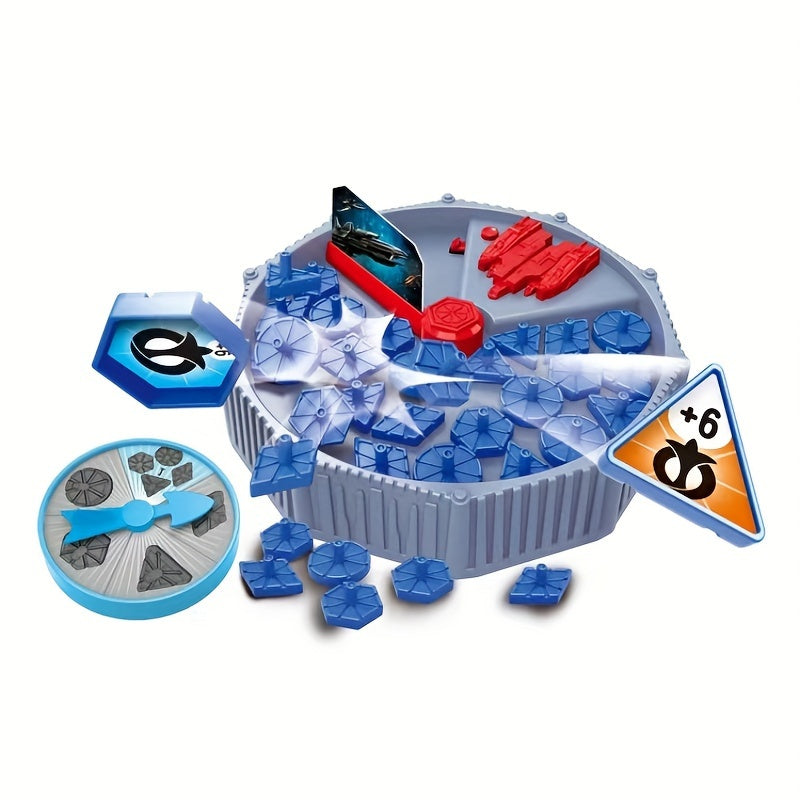 Spielzeug-Pinguinspiel mit blauen Eisblöcken, Drehscheibe und Karten, Geschicklichkeitsspiel.