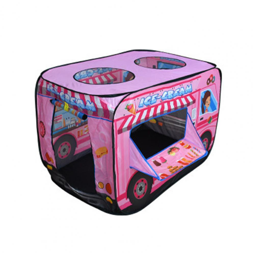 Rosa Spielzelt in Form eines Eiswagens für Kinder, faltbar, mit Fenstern und Eiscreme-Motiven.
