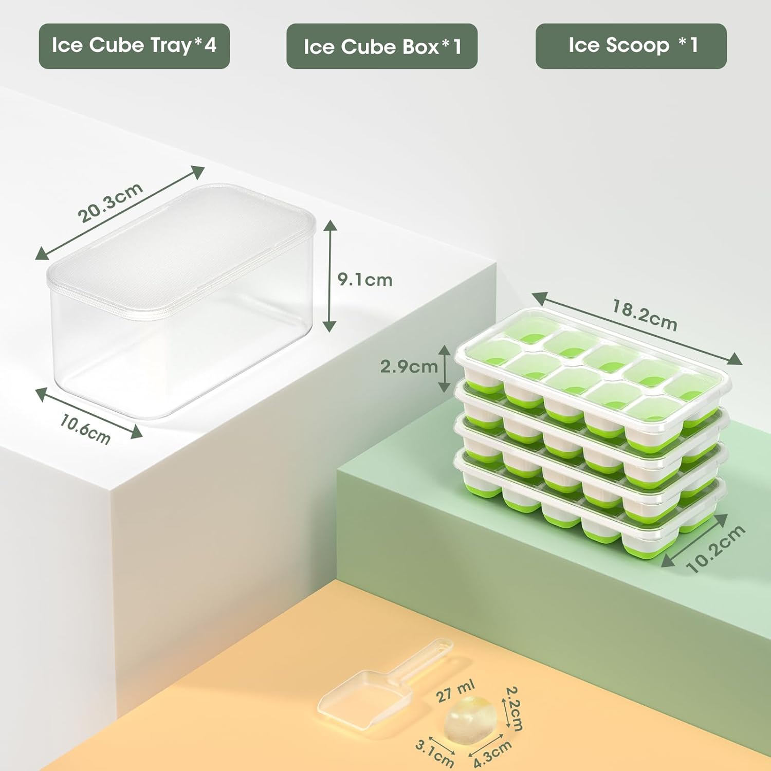 Transparente Eiswürfelform mit grünem Deckel, stapelbar, inklusive Eisschaufel, BPA-frei.