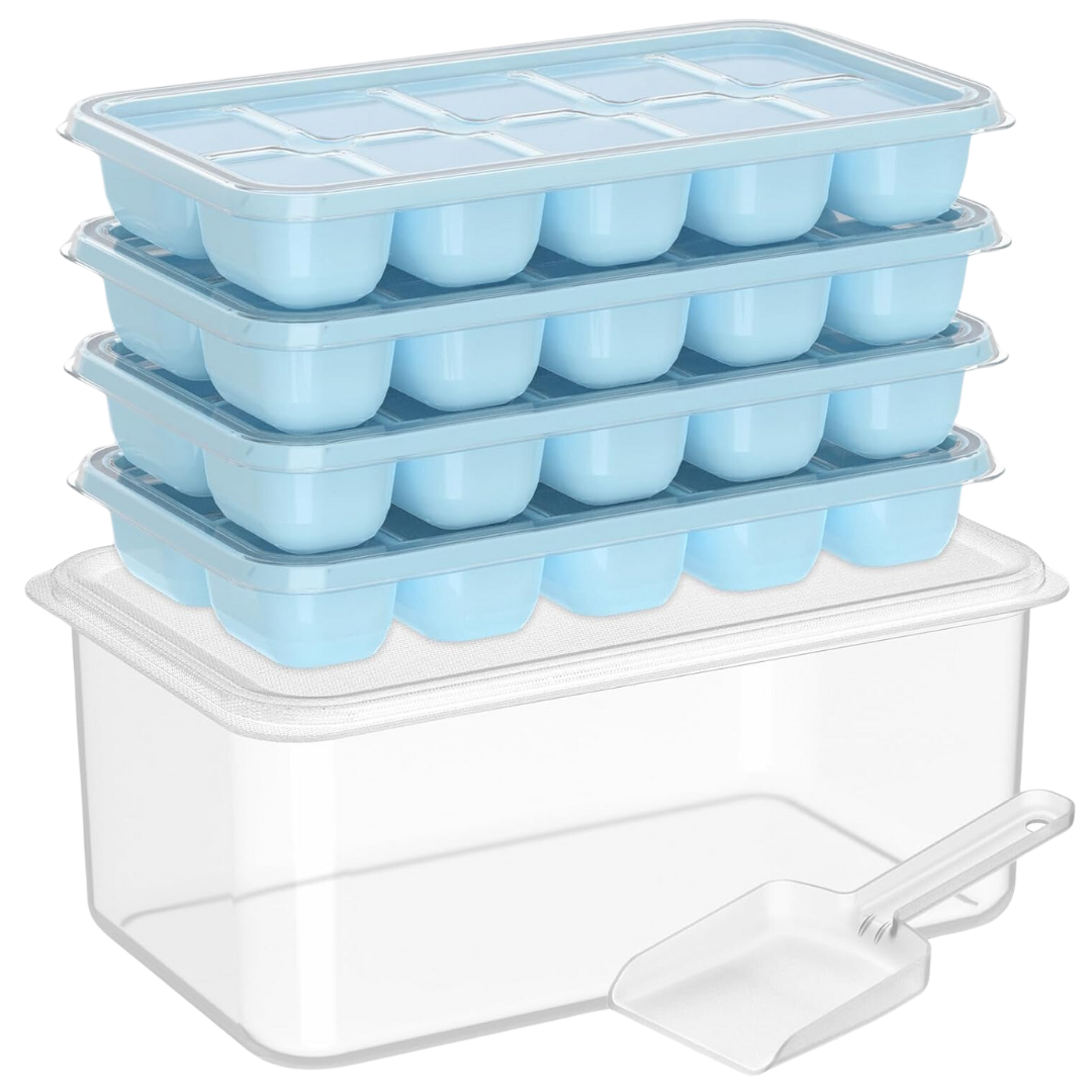 Stapelbare Eiswürfelform aus Kunststoff, blau, mit Deckel und Schaufel, für Gefrierschrank.