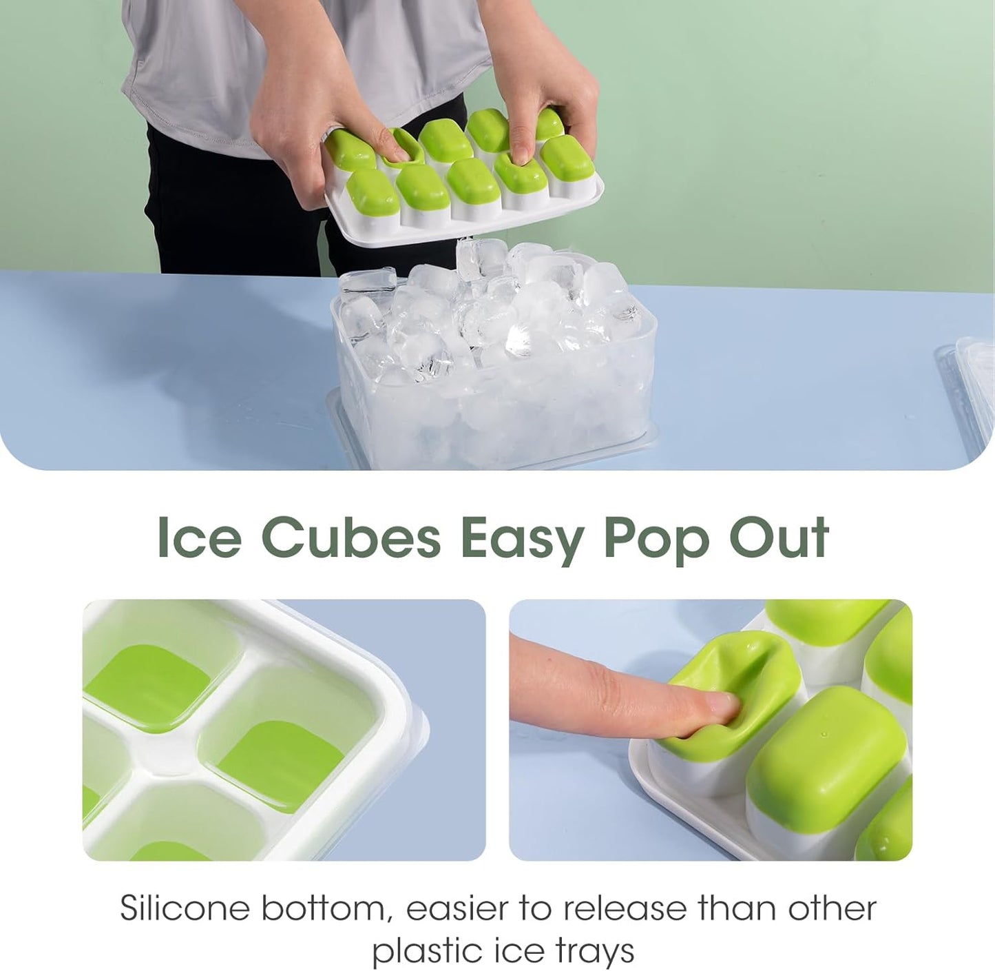 Eiswürfelform mit grünem Silikonboden, leichtes Lösen, Kunststoff, Küche, Eiswürfelbehälter.