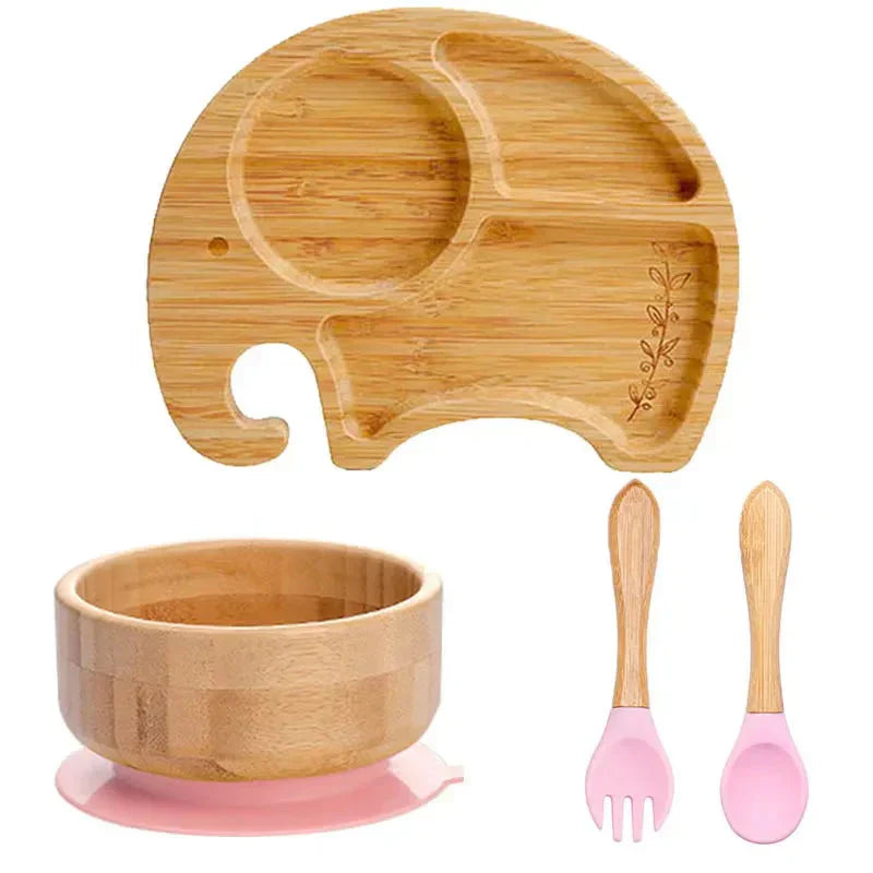 Bambus Kindergeschirr Set, Elefantenform Teller, Schüssel, rosa Besteck, umweltfreundlich