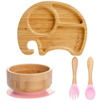 Bambus Kindergeschirr Set, Elefantenform Teller, Schüssel, rosa Besteck, umweltfreundlich