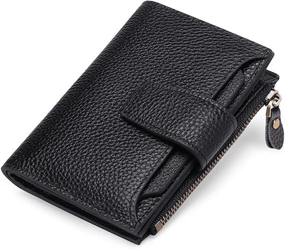 Schwarze Leder-Geldbörse mit Reißverschluss, elegant, kompakt, für Damen und Herren.