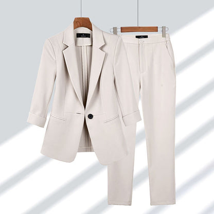 Eleganter Damen-Blazer und Hose Set, beige, Frühling-Sommer, koreanischer Stil.