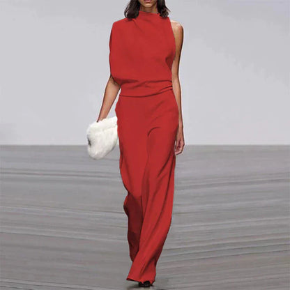 Rote ärmellose Damen-Jumpsuit, elegante weite Beine, Sommermode 2023, festliche Kleidung.
