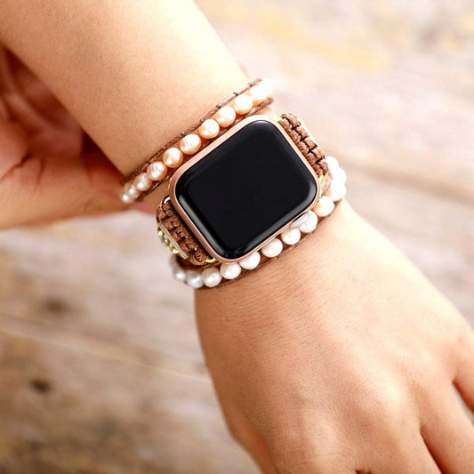 Armband aus Süßwasserperlen für Apple Watch, vegan, braun, Boho-Stil, Damenaccessoire.