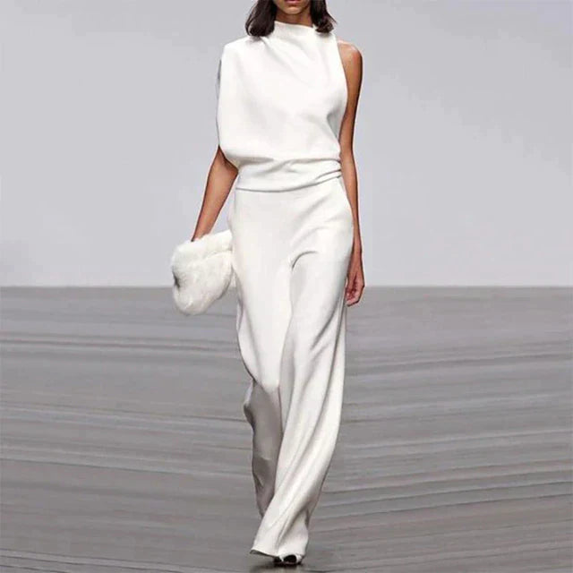 Eleganter weißer ärmelloser Jumpsuit für Damen, weiter Schnitt, Sommermode 2023.