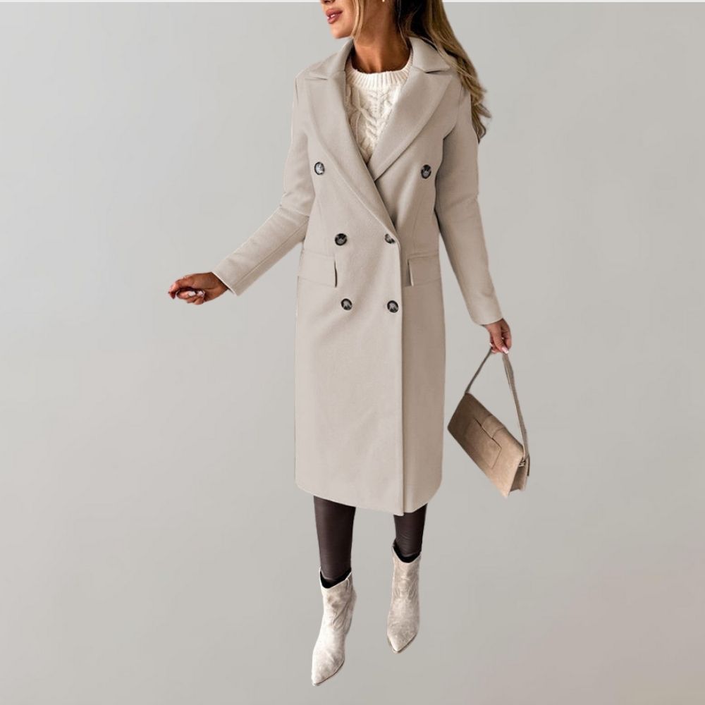 Damen Wintermantel beige, eleganter Wollmantel, zweireihig, modisch, warm, stilvoll.