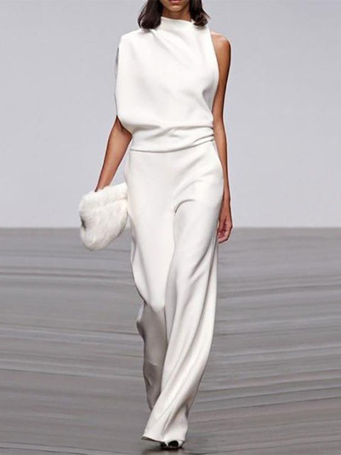 Damen Jumpsuit Weiß, ärmellos, Rundhals, weite Beine, elegantes Sommer-Outfit, Büro-Look.